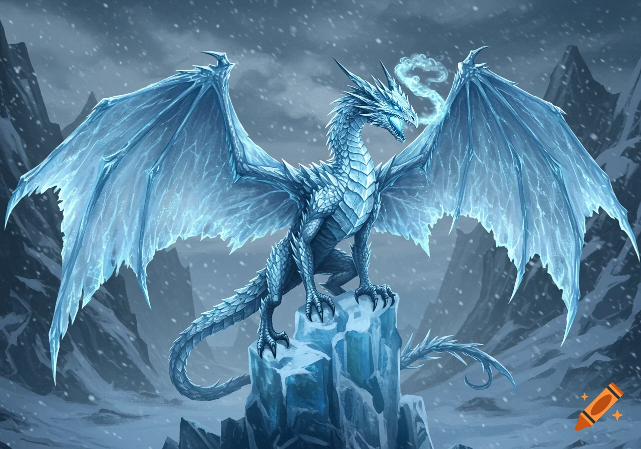 An ice wyvern is perched on rocks in a snowy mountain landscape.