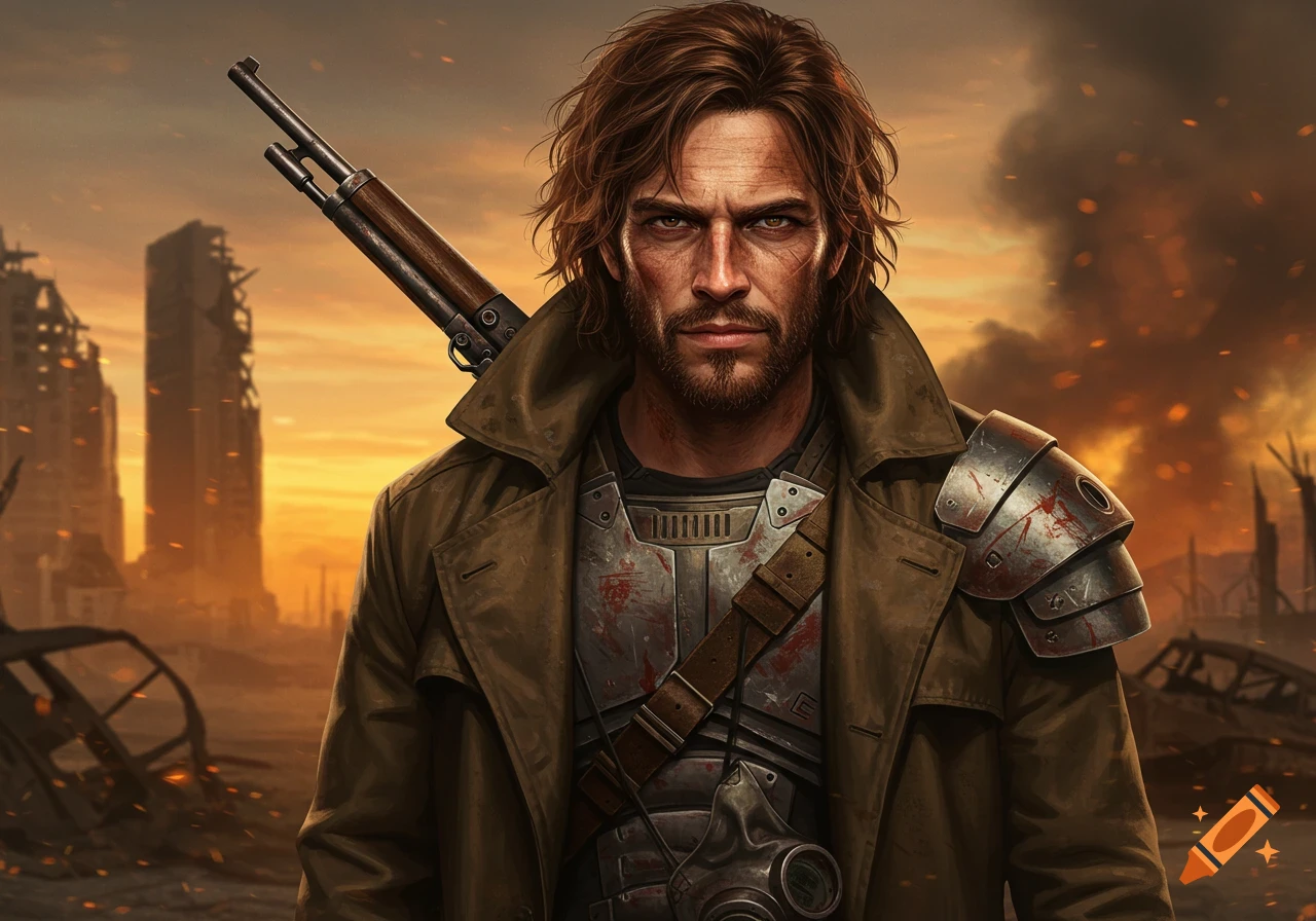 A man with a rifle in a post-apocalyptic wasteland.