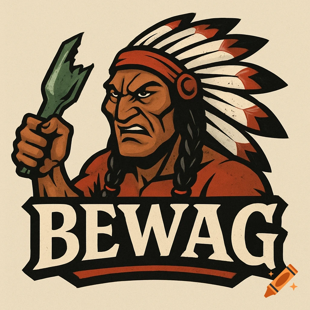 Cartoon logo of a fierce Native American warrior holding a broken bottle, with 'BEWAG' below.