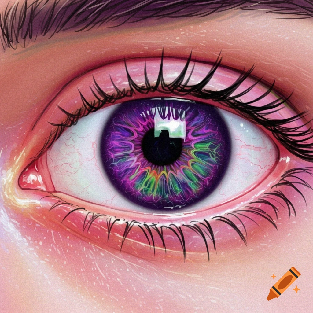 A detailed close-up of an eye with a vibrant purple and green iris.