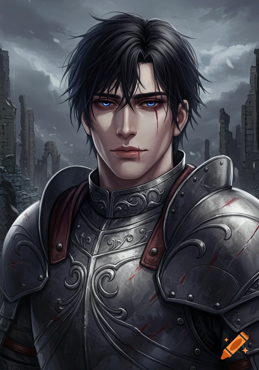 Anime portrait of a knight with blue eyes and scars in ruined landscape