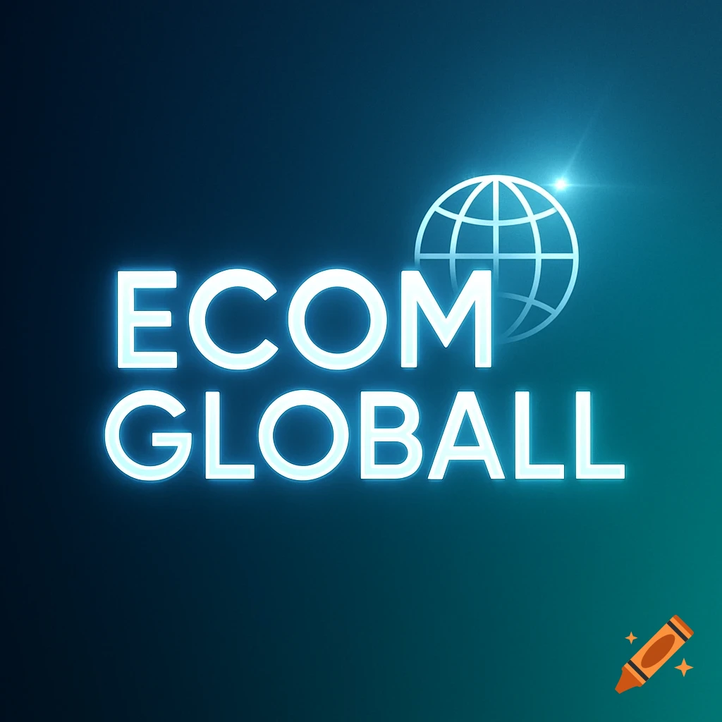 Logo with glowing text ECOM GLOBALL and globe icon