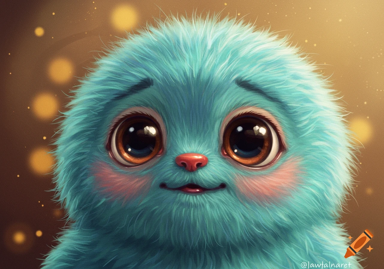 Close-up of a cute blue fuzzy creature with large brown eyes and pink cheeks.