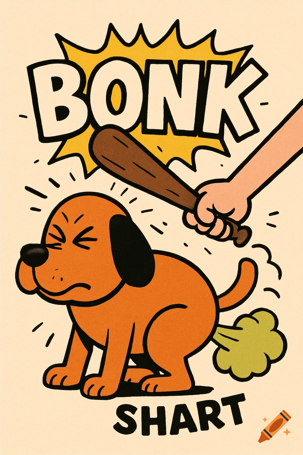 Cartoon dog farting, being hit on the head with a bat, text 'BONK' and 'SHART'