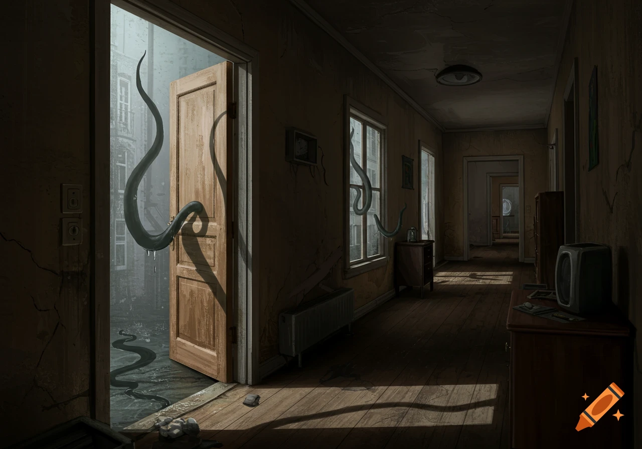 Tentacles are entering a dark, dilapidated apartment hallway through an open door and windows.