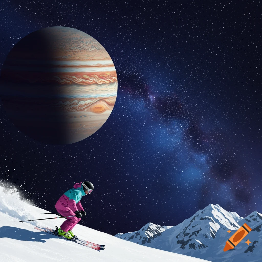 Skier on a mountain with Jupiter and stars in the background.