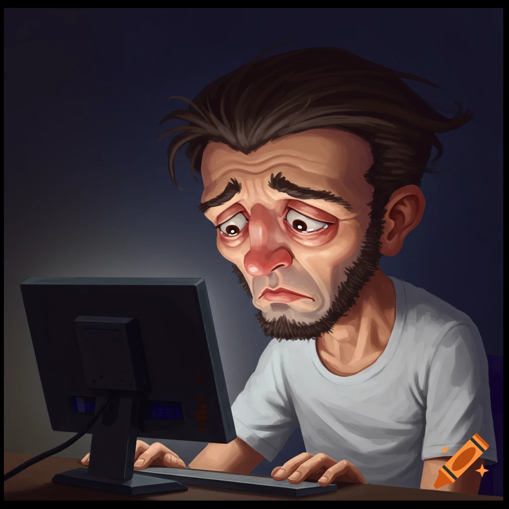 Illustration of a sad cartoon man looking at a computer screen.