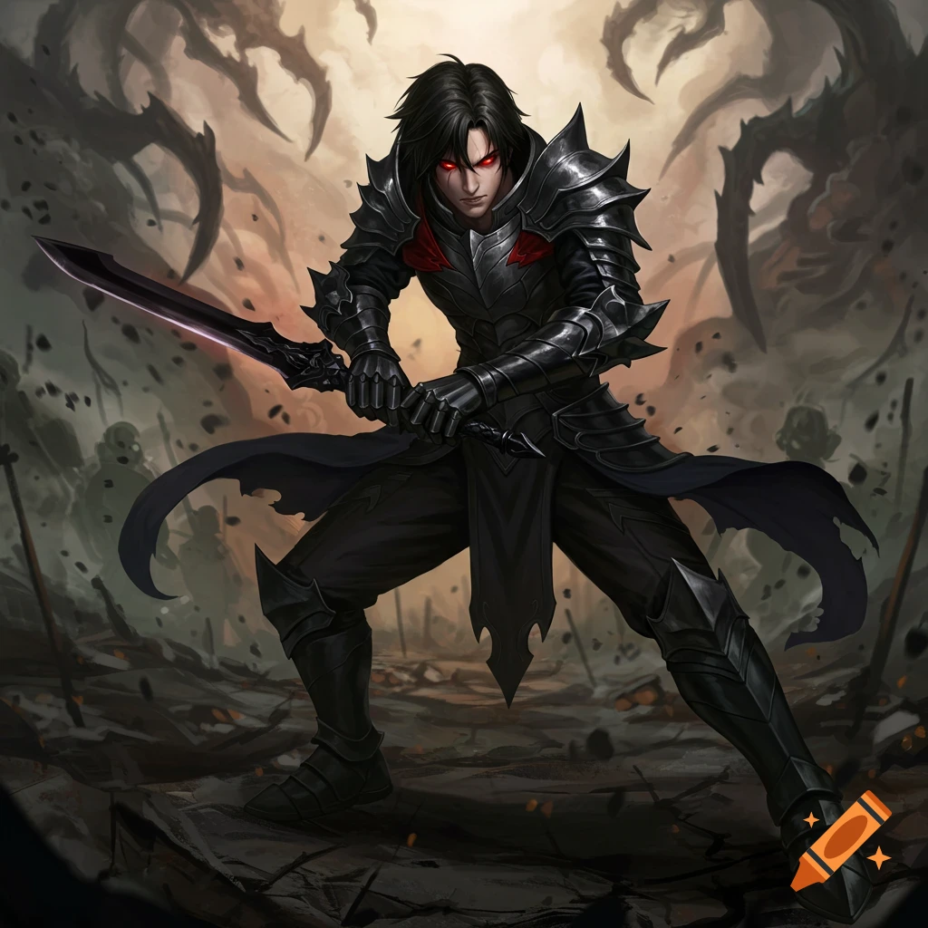 A man in dark armor with red eyes holding a sword in a battleground.