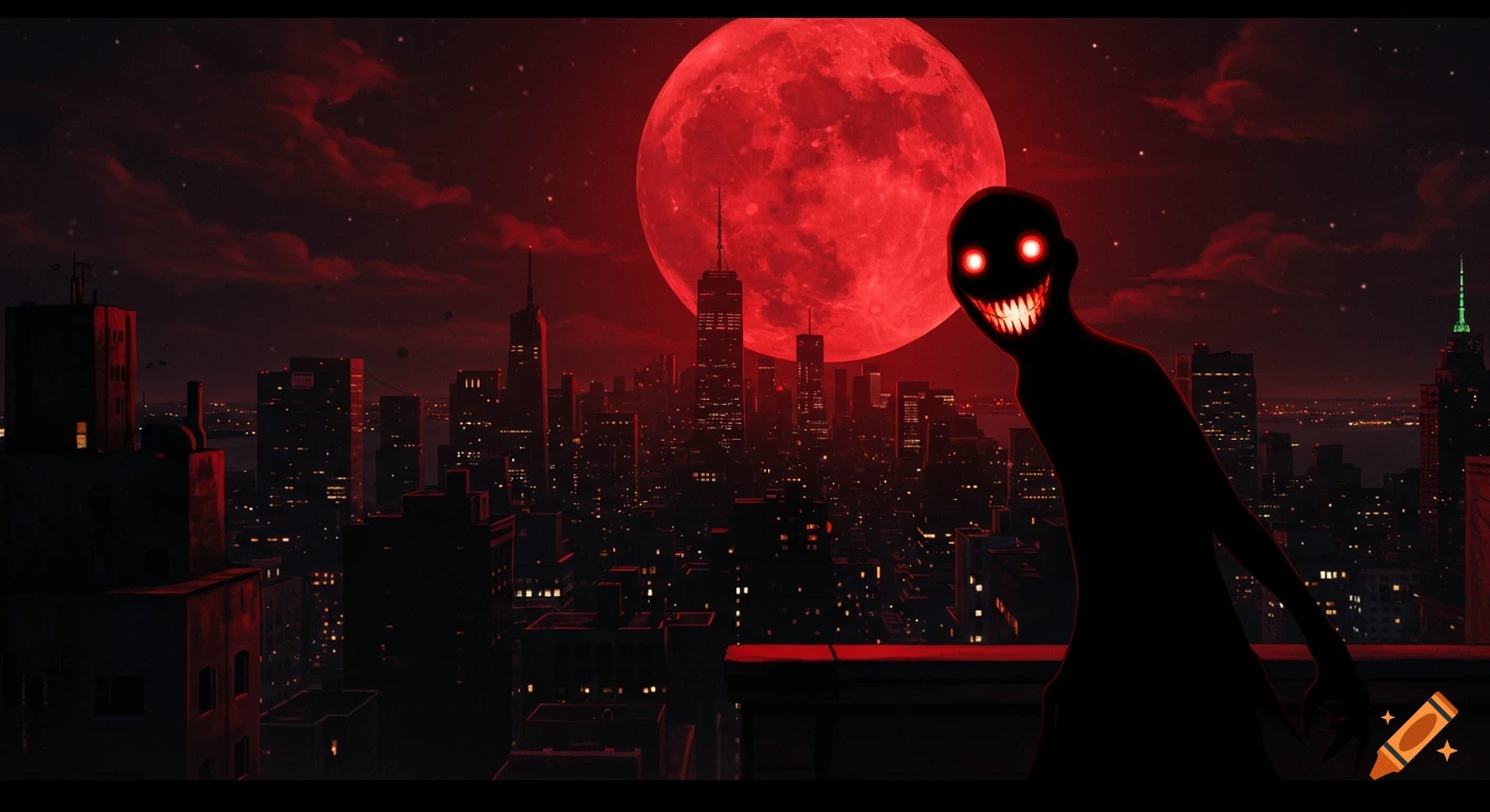 A creepy shadow figure with glowing eyes and a wide grin stands on a New York City rooftop under a large red moon, with the dark cityscape below.