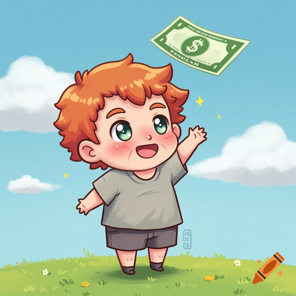 A chibi elderly man with orange hair throws a dollar bill in the air, in a cheerful kawaii style.