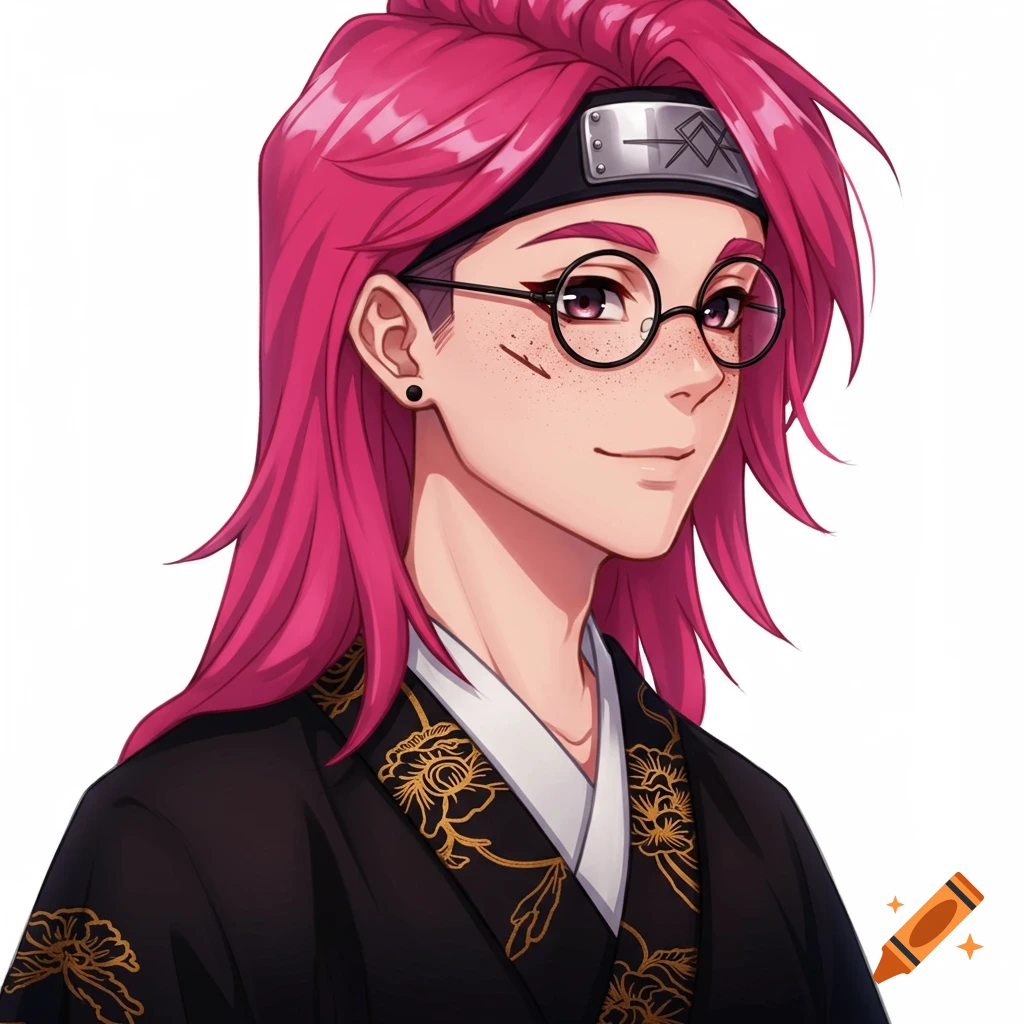 Anime portrait of a person with pink hair, glasses, freckles, wearing a black kimono and headband