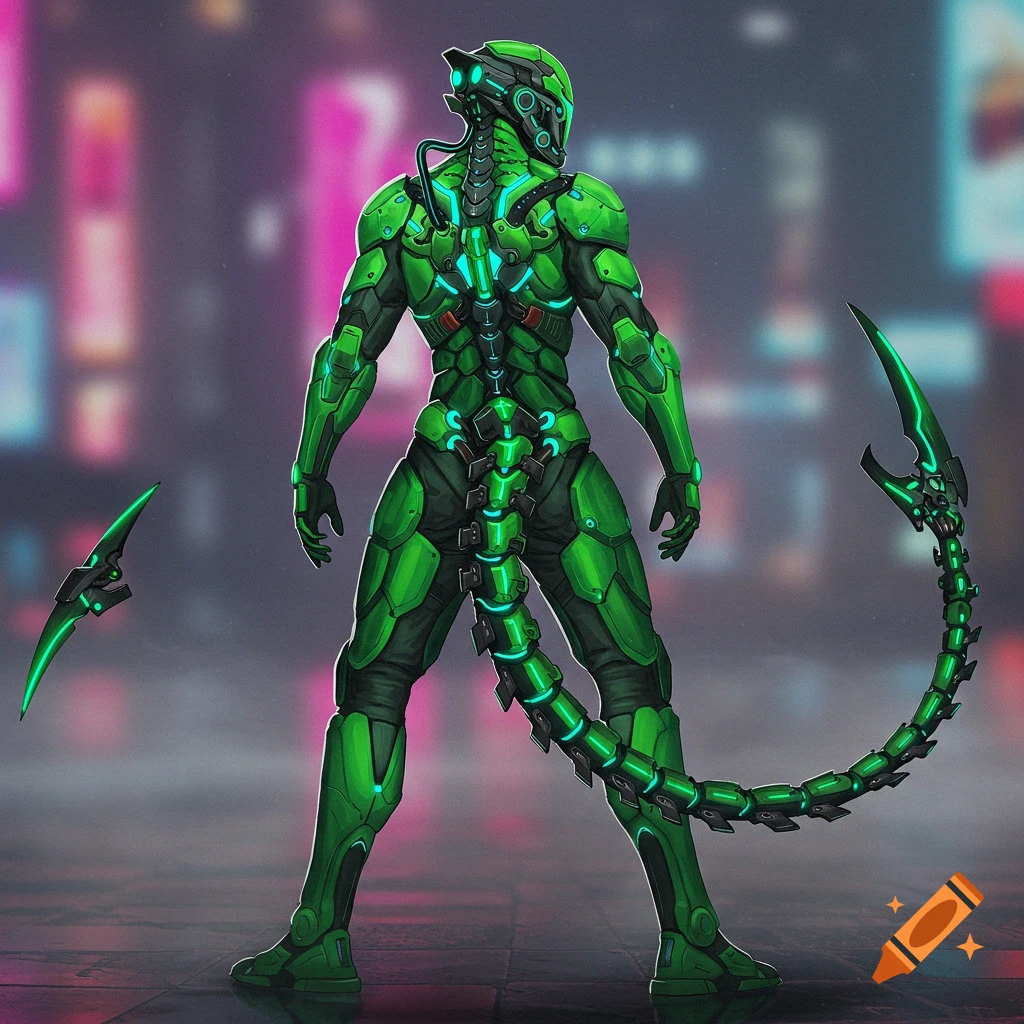 A futuristic green armored suit with a mechanical tail stands in a city.