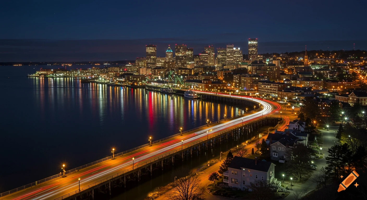 Photorealistic image of a city skyline at night reflecting in water, with a bridge showing light trails from cars.