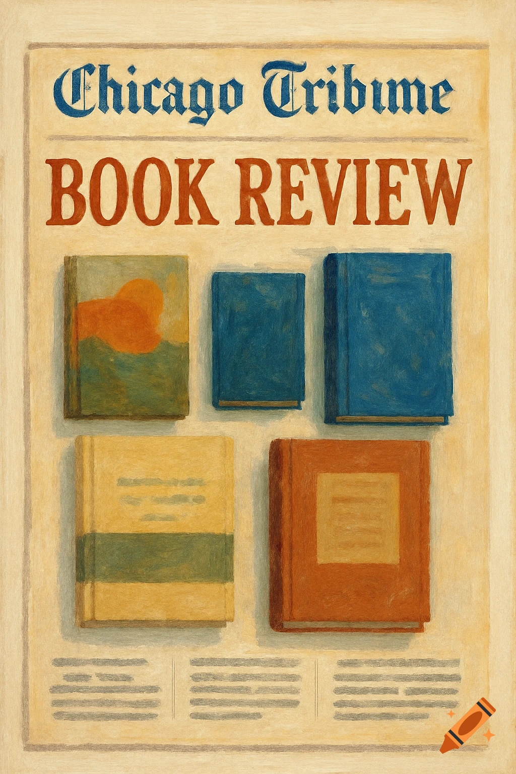 A close-up shot of a Chicago Tribune Book Review newspaper page with illustrations of five books.