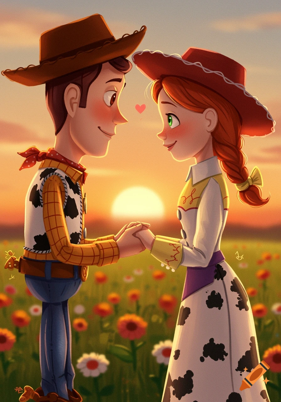 Woody and Jessie from Toy Story hold hands in a field with a sunset.