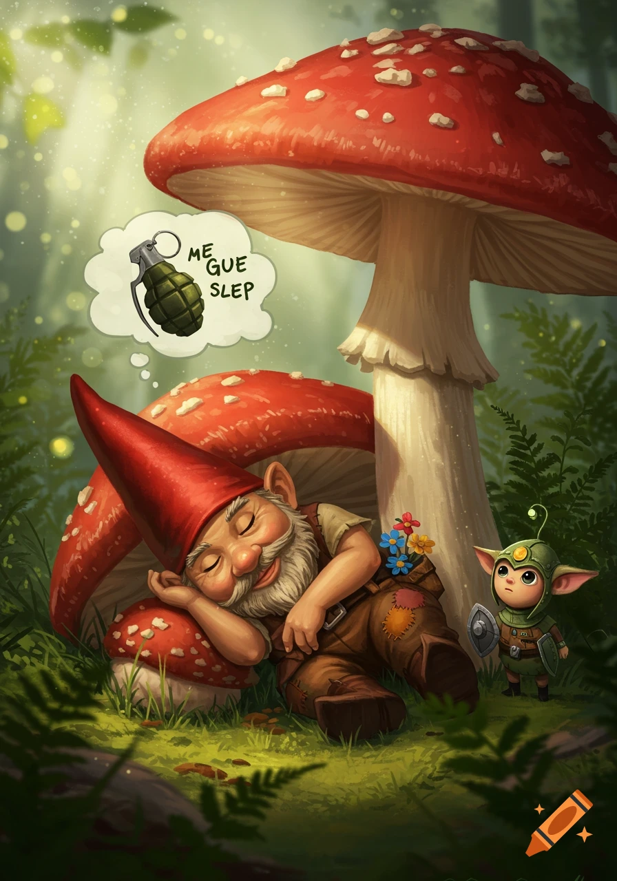 Smiling gnome sleeping under a mushroom, dreaming of a grenade, with a small creature guarding him.