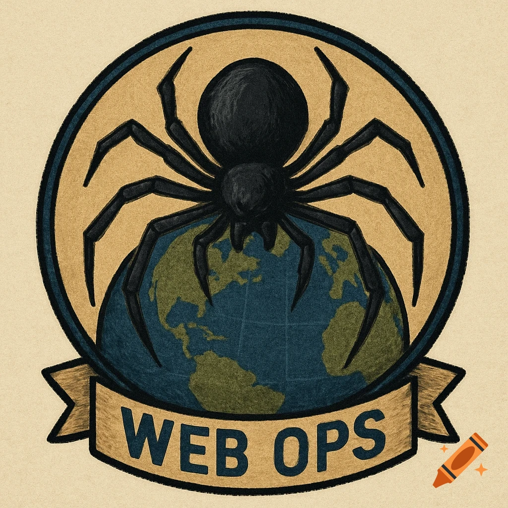 Circular logo with a black spider over a globe, with a banner below reading "WEB OPS". Textured illustration style.
