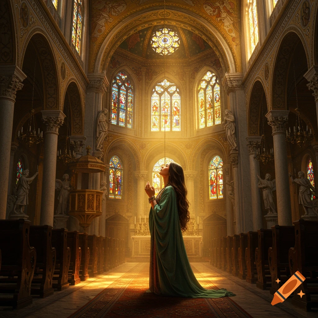 A woman is praying in a sunlit church with stained glass windows.