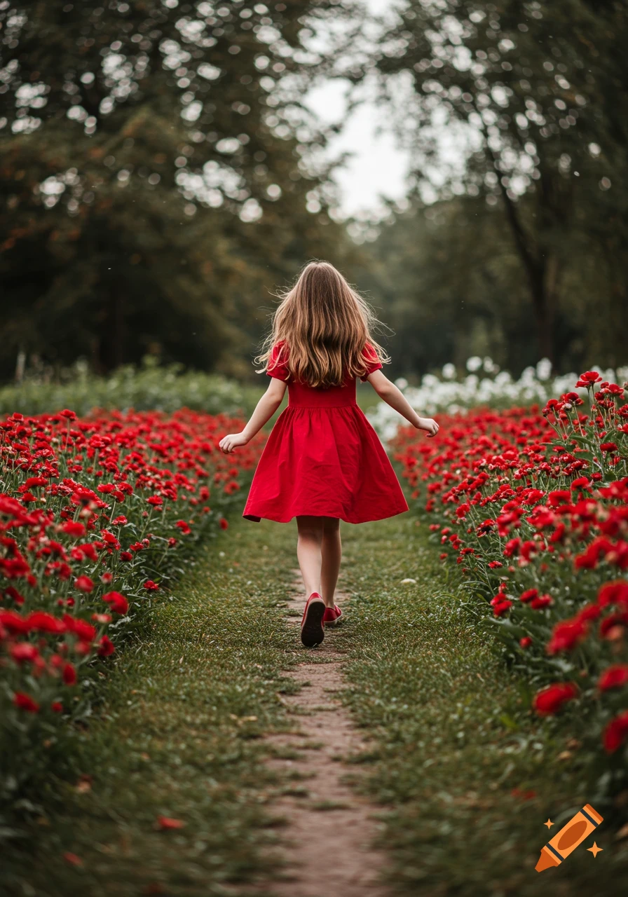 A girl in a red dress runs down a path between rows of red flowers in a garden.