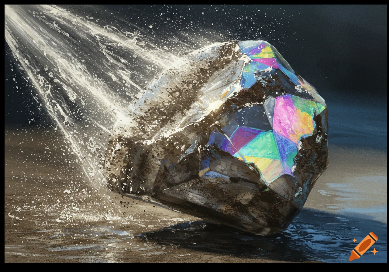 A dirty faceted stone being power washed clean