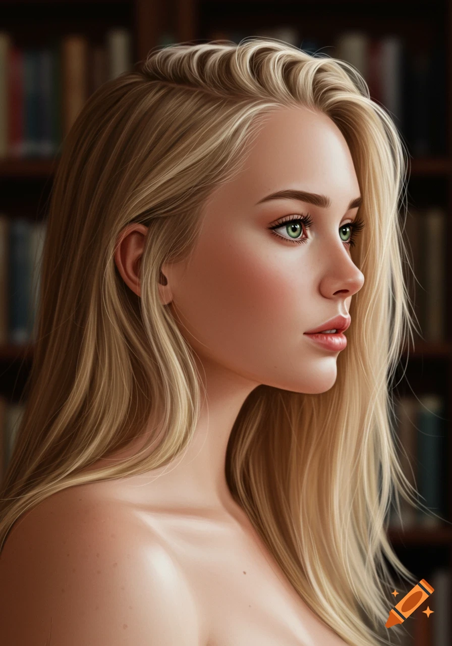 Profile portrait of a blonde woman with green eyes against a blurry library background in a semi-realistic style.