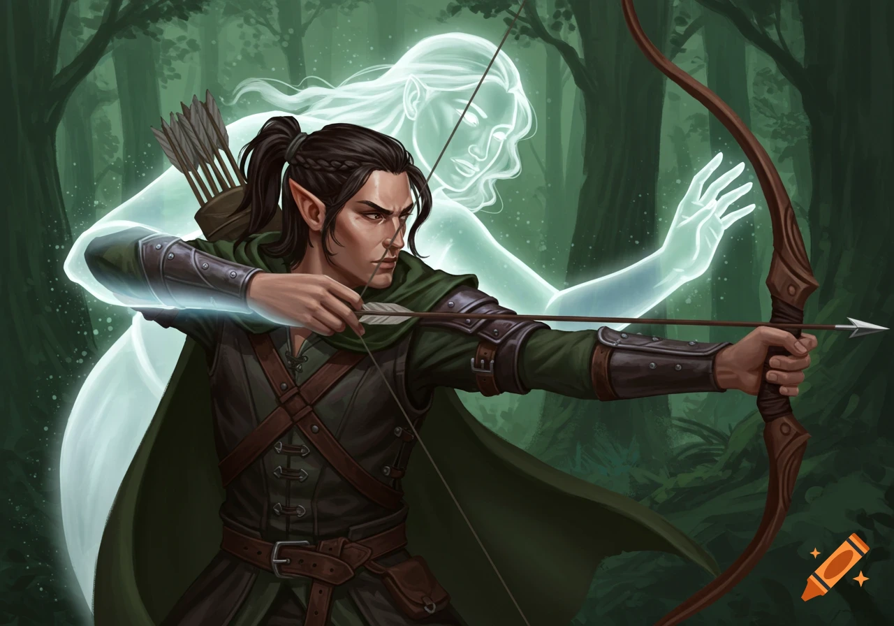 A fantasy illustration of an elf archer drawing a bow, with a glowing spirit figure behind them in a forest.