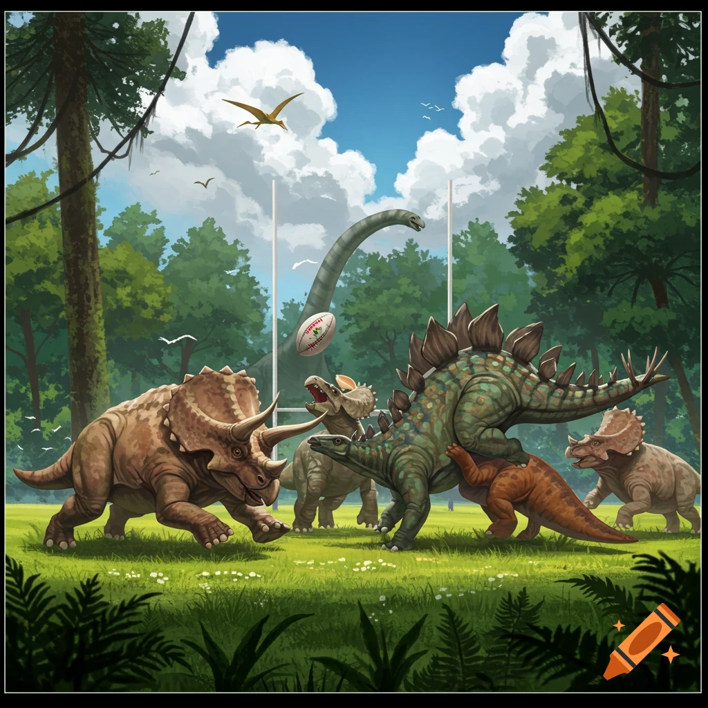 Dinosaurs playing rugby