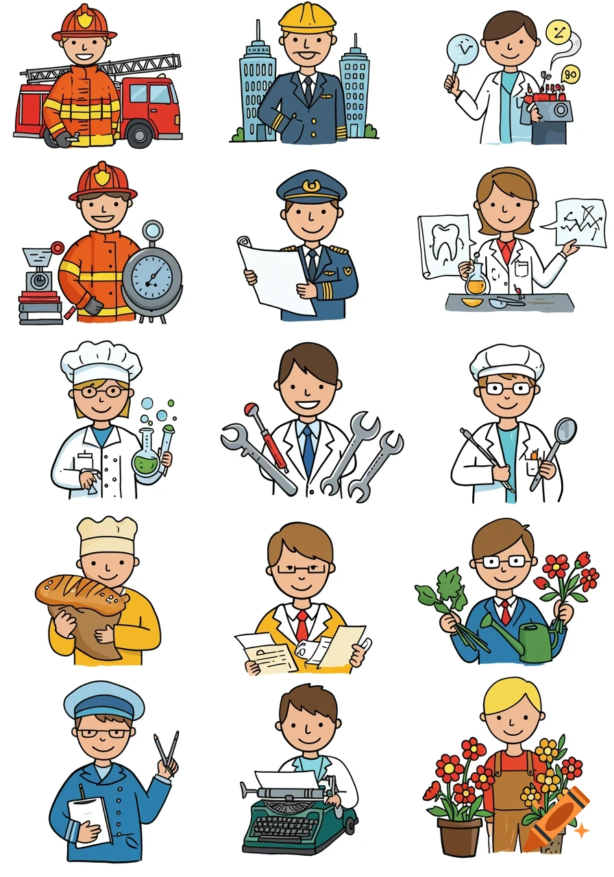 Colorful illustrations depicting various professions: firefighter, pilot, scientist, dentist, mechanic, baker, writer, gardener, construction worker.