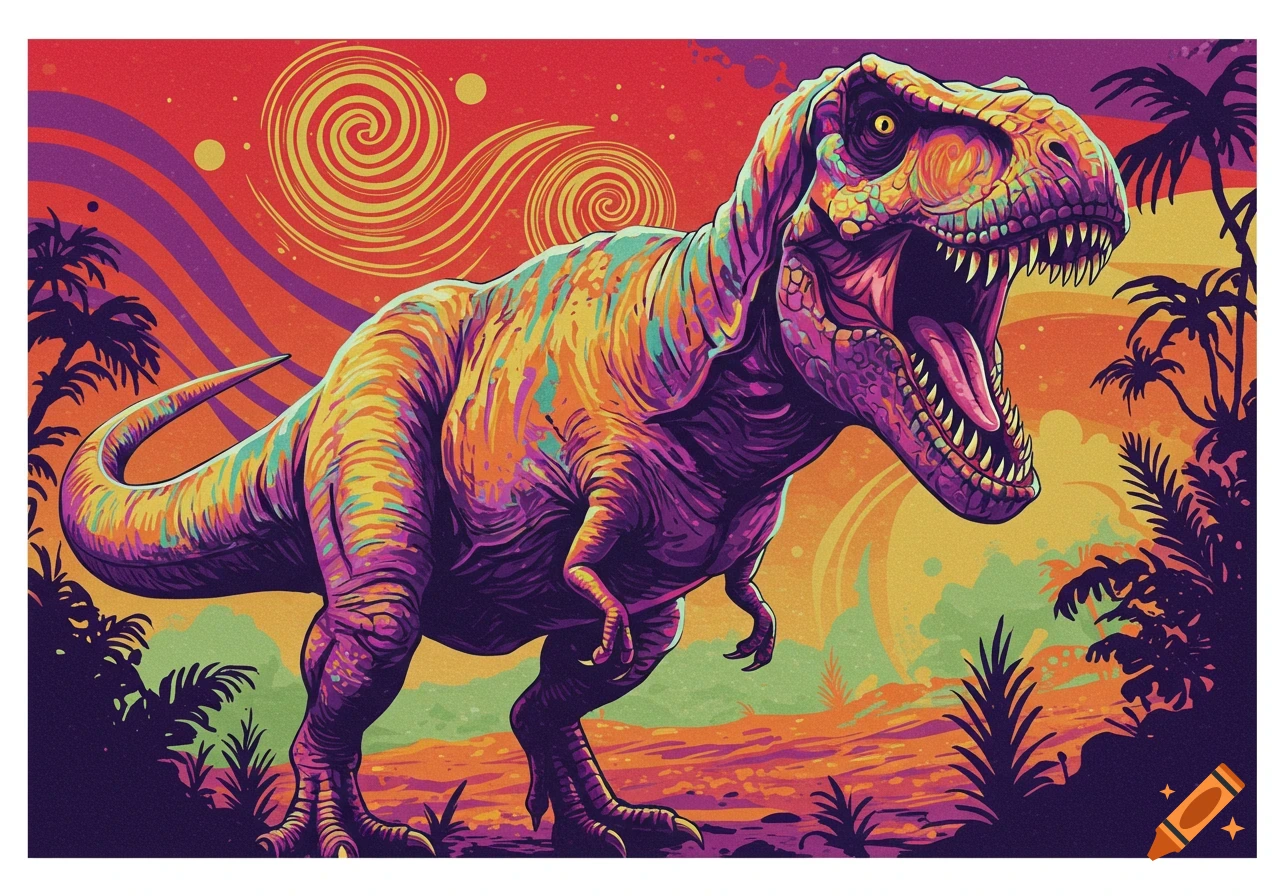 Graphic of a colorful T-Rex in a prehistoric landscape.