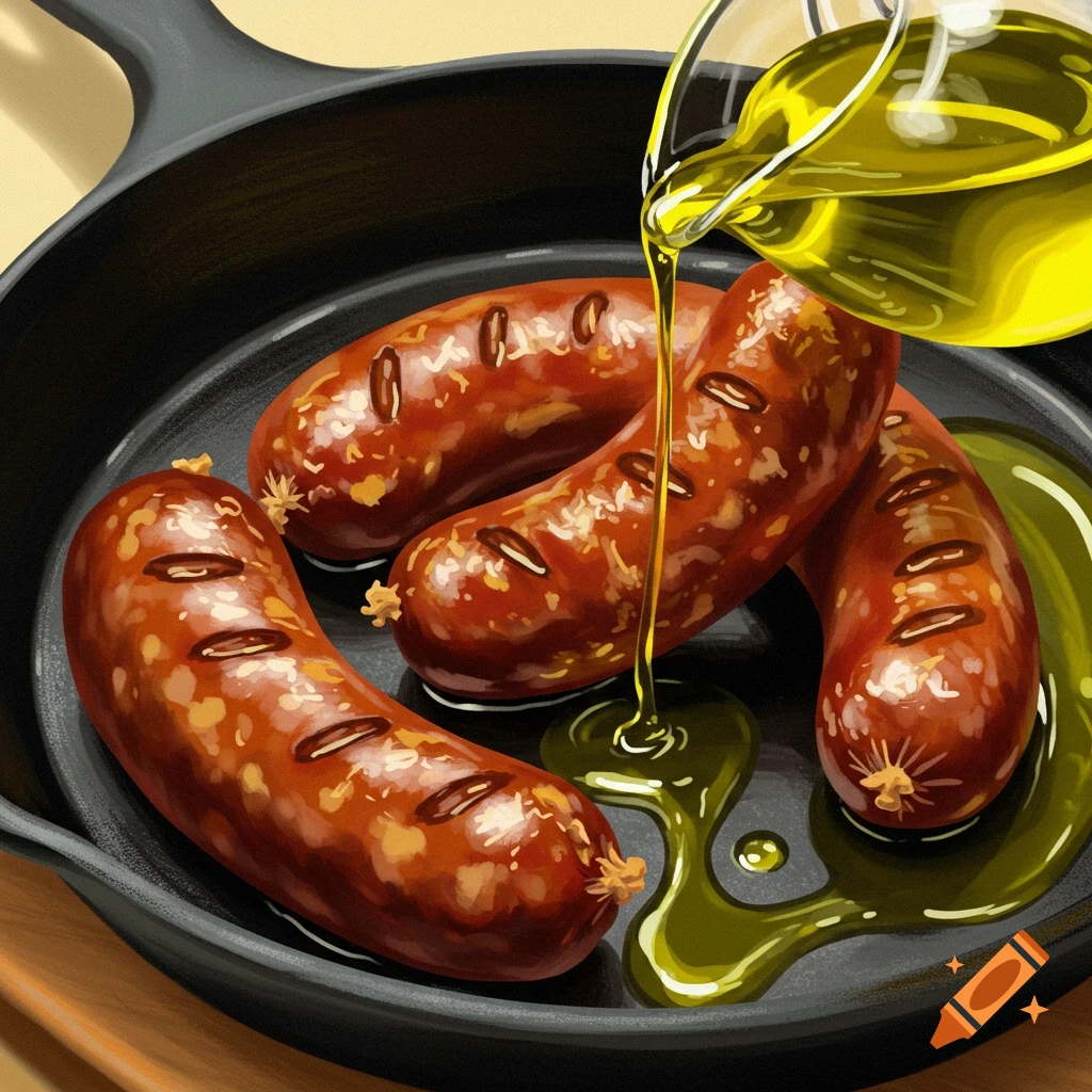 Four sausages in a pan with olive oil being poured