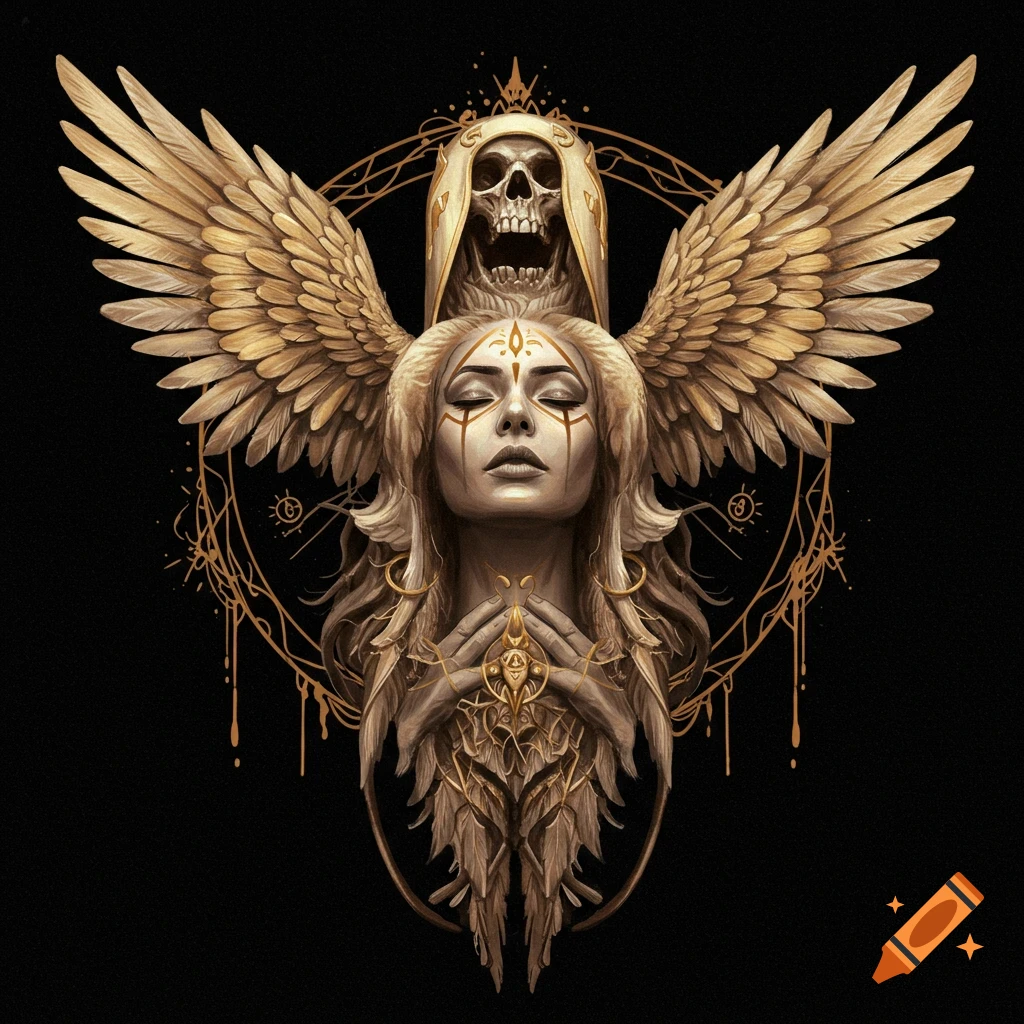 A figure with golden wings and a skull behind her.