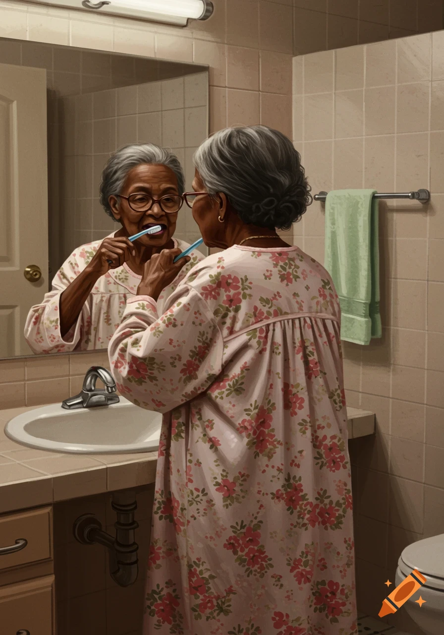 An older Black woman is shown from the back brushing her teeth in a bathroom mirror.