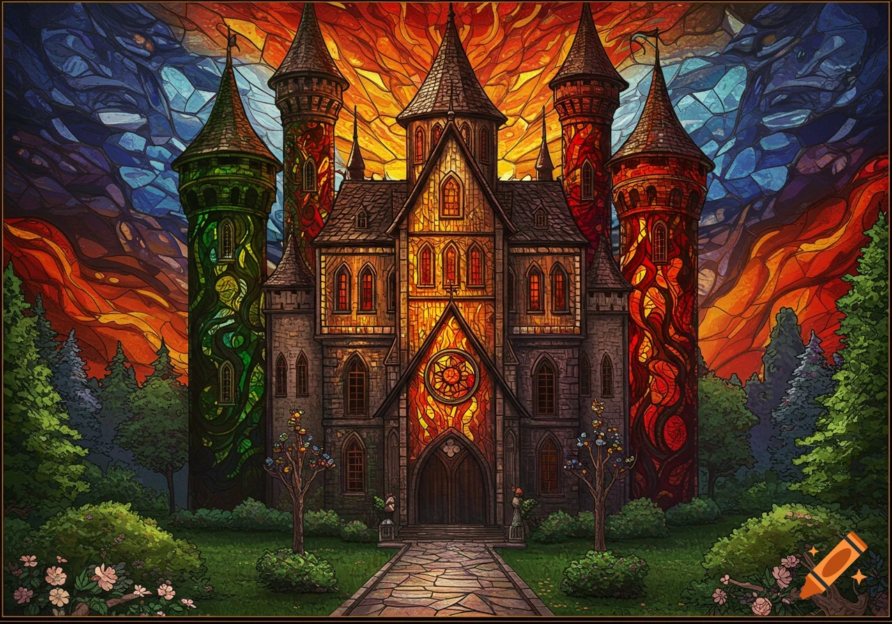 A vibrant stained glass depiction of a fantasy castle with colorful towers against an orange and blue sky.