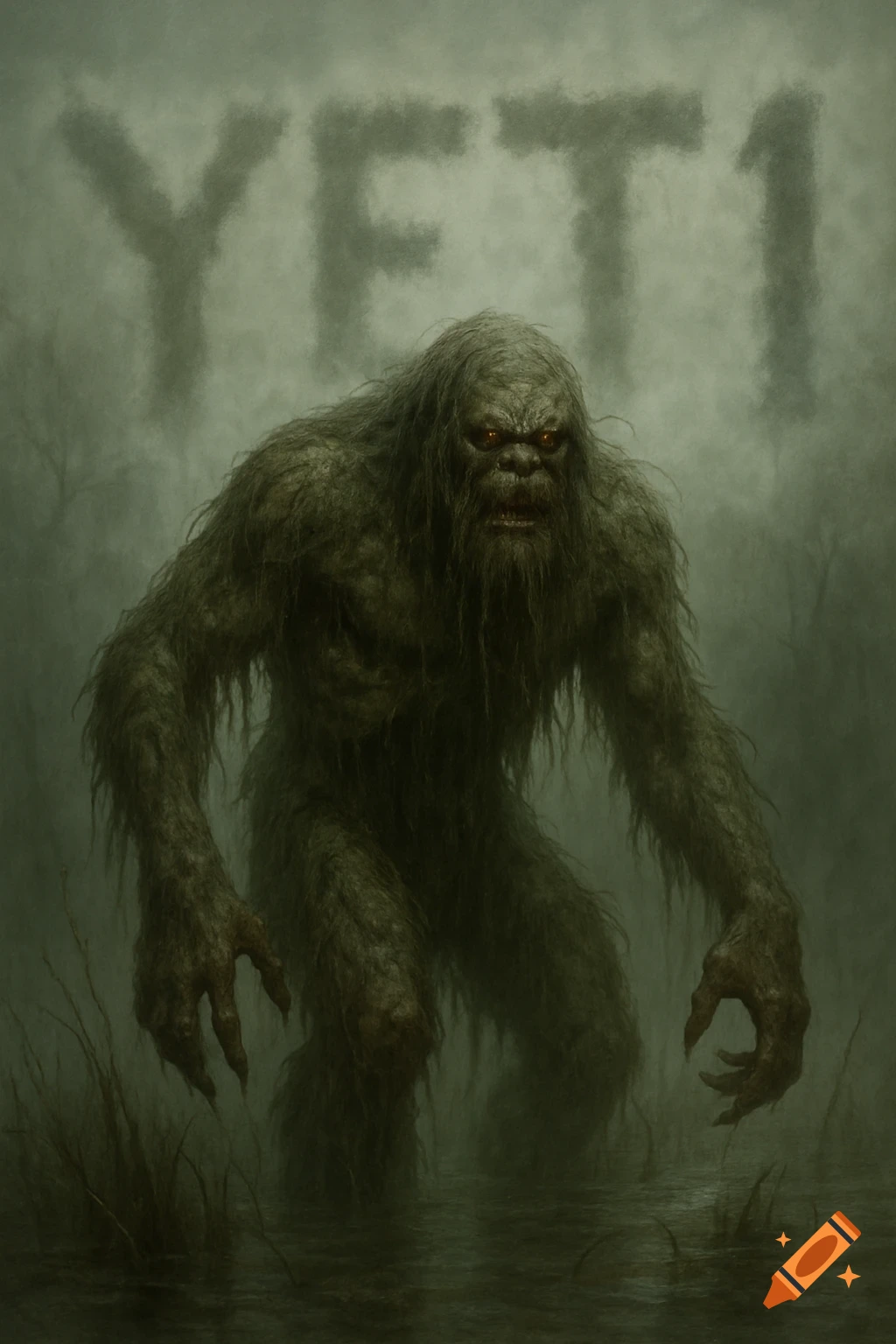 A creepy swamp yeti with glowing eyes standing in water. Fog behind it spells 'YET1'.