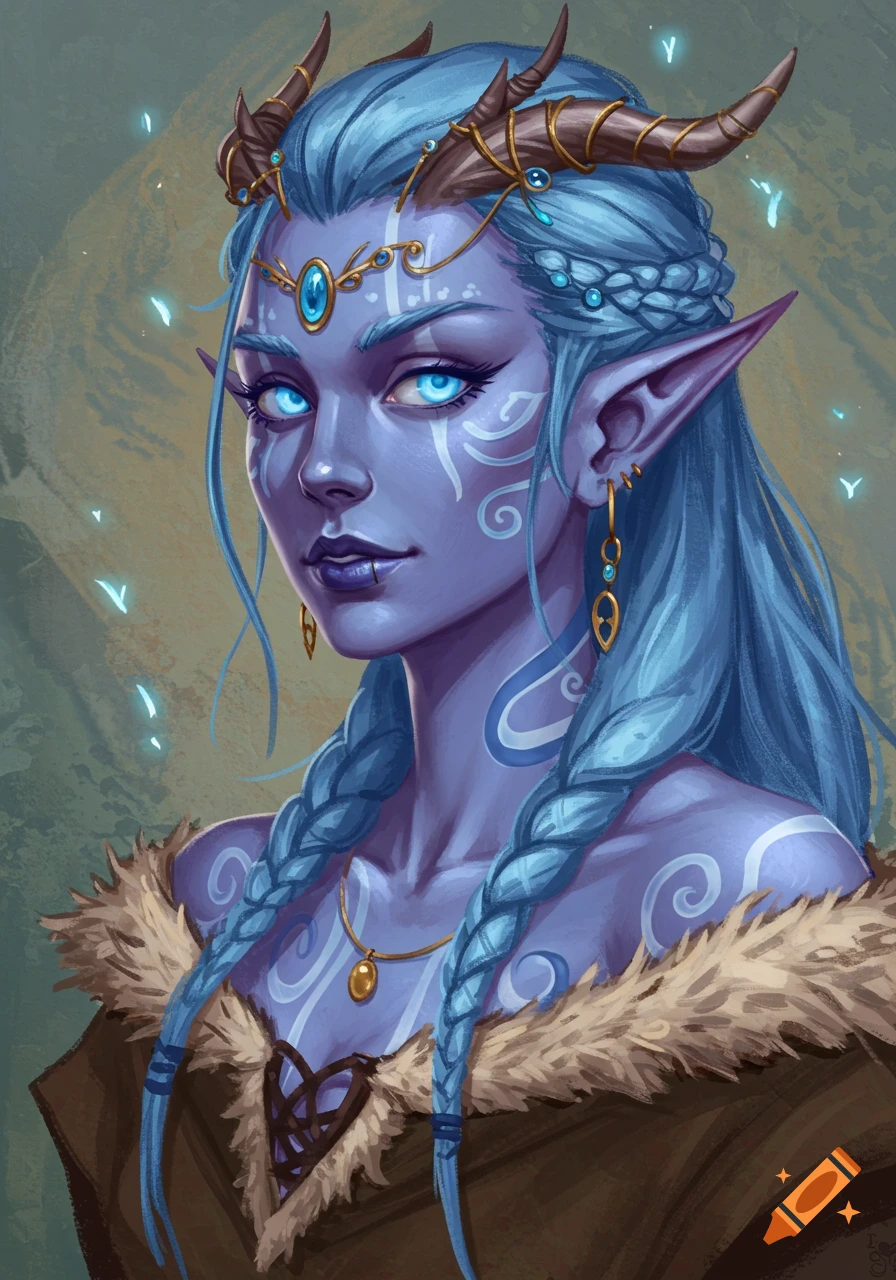 A portrait of a blue-skinned fantasy character with horns, blue hair in braids, and glowing tattoos.