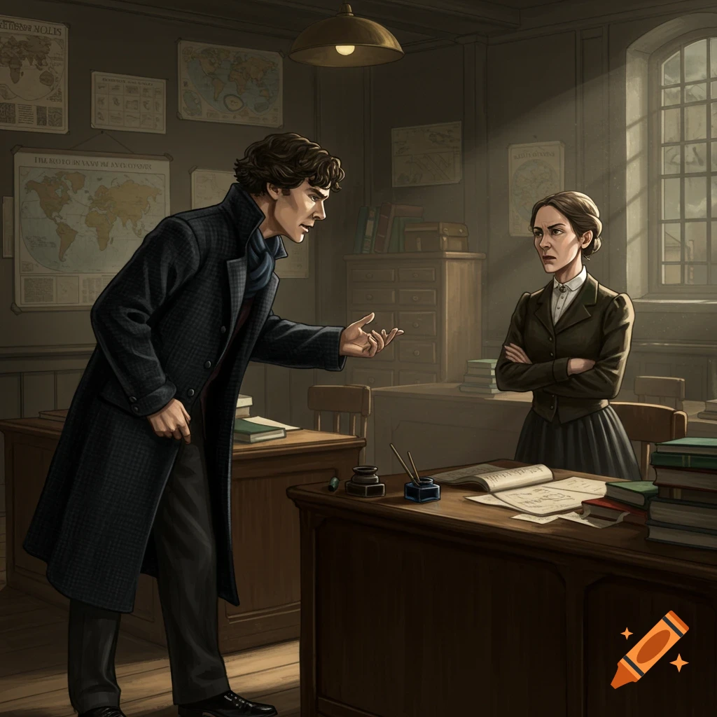 Two people resembling Sherlock Holmes and a teacher debating in a study.