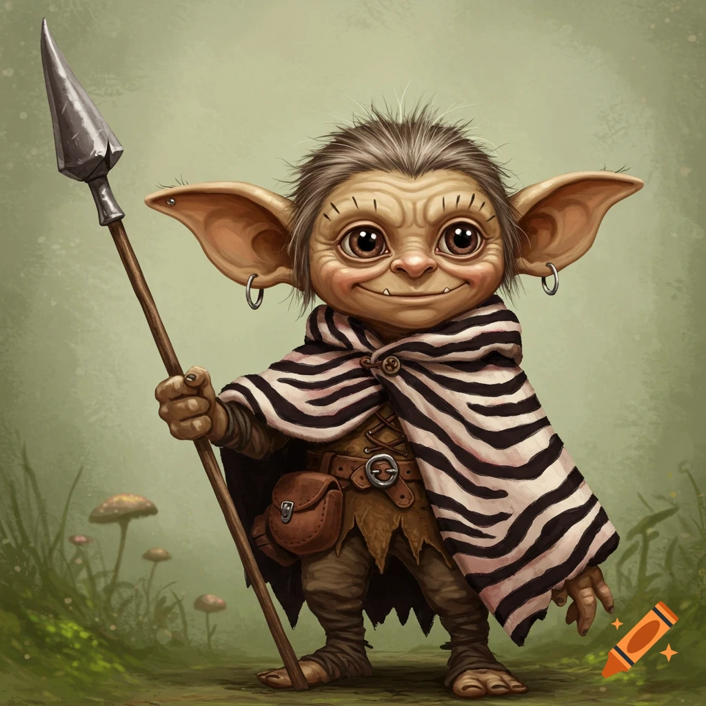 A detailed image of a cute goblin-like creature with big ears, holding a spear, wearing a zebra-striped cloak.