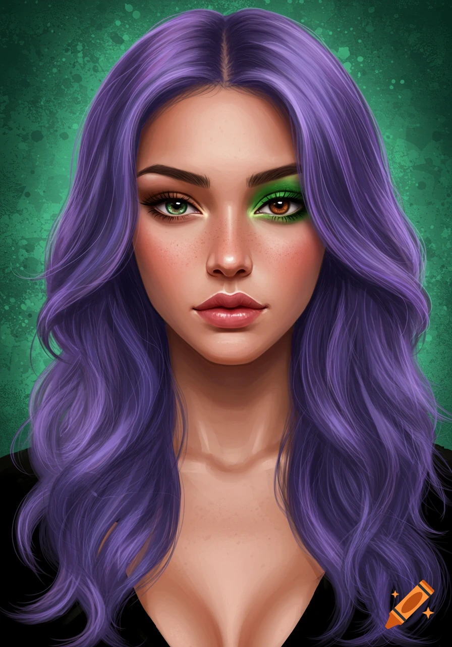 Painting of a woman with purple hair and mismatched eyes, one green and one brown.