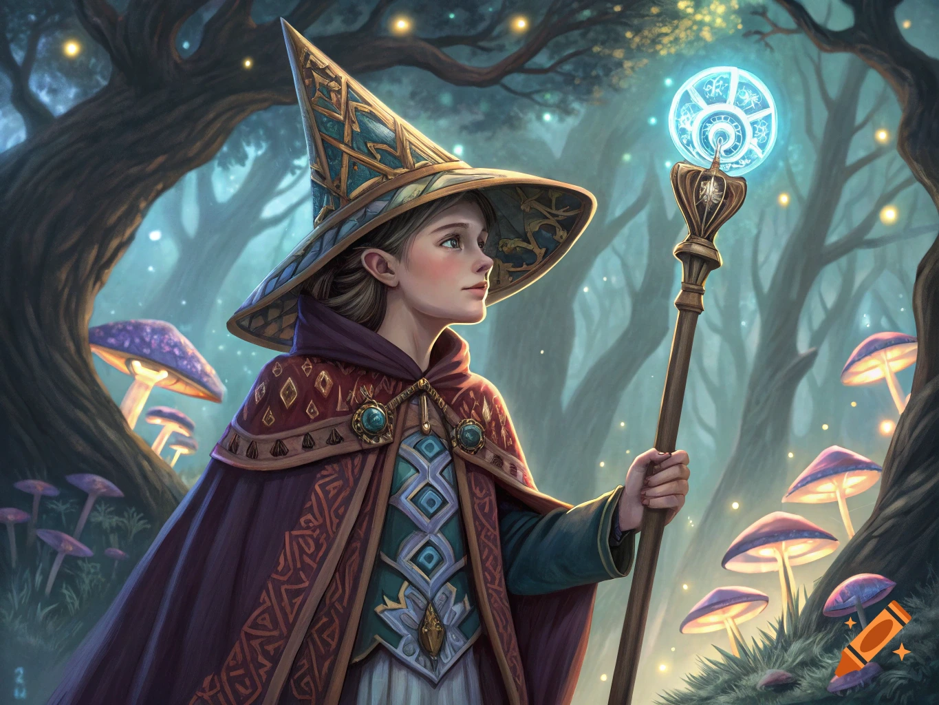 A young wizard in a cloak and pointed hat stands in a magical forest, holding a glowing staff.