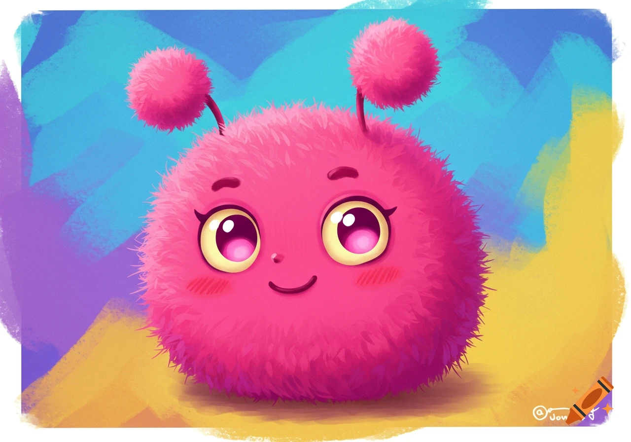 A cute, fluffy pink cartoon creature with large eyes and antennae.