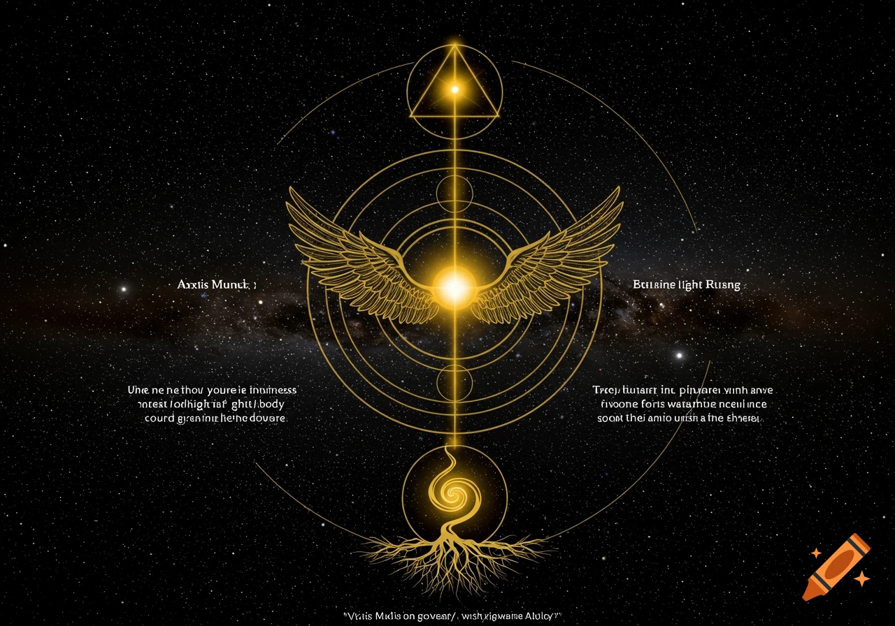 Golden spiritual symbols against a starry space background.
