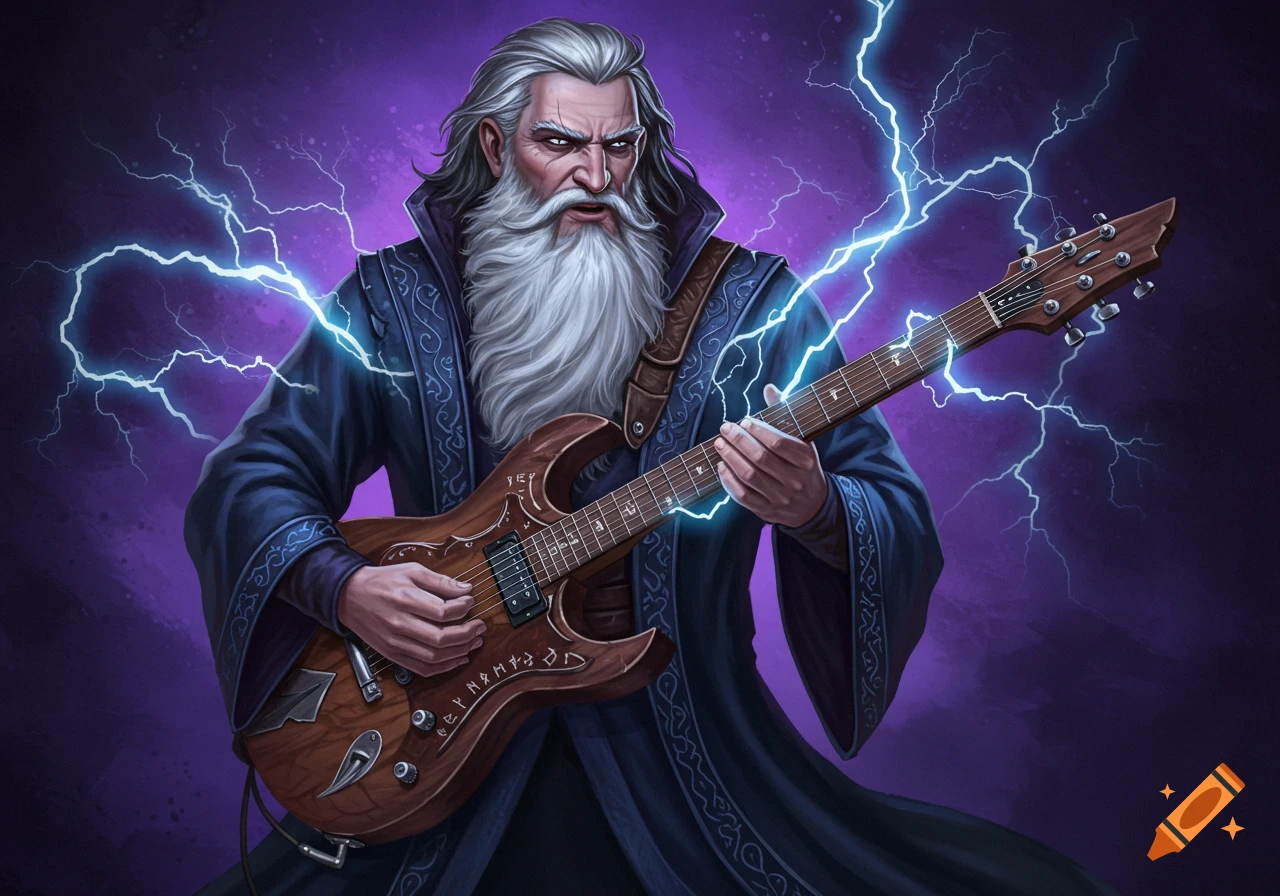 An old wizard with a long beard playing an electric guitar with lightning bolts.