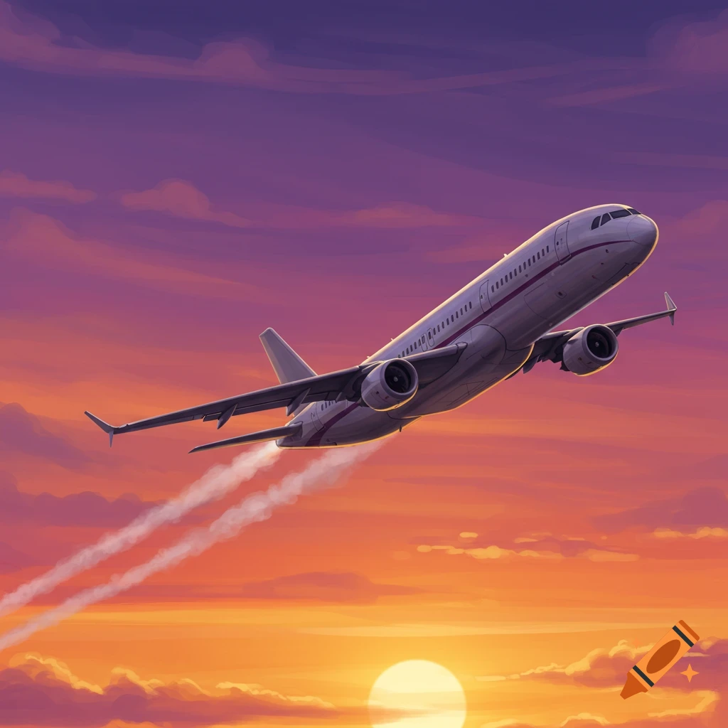 An airplane flying at sunset