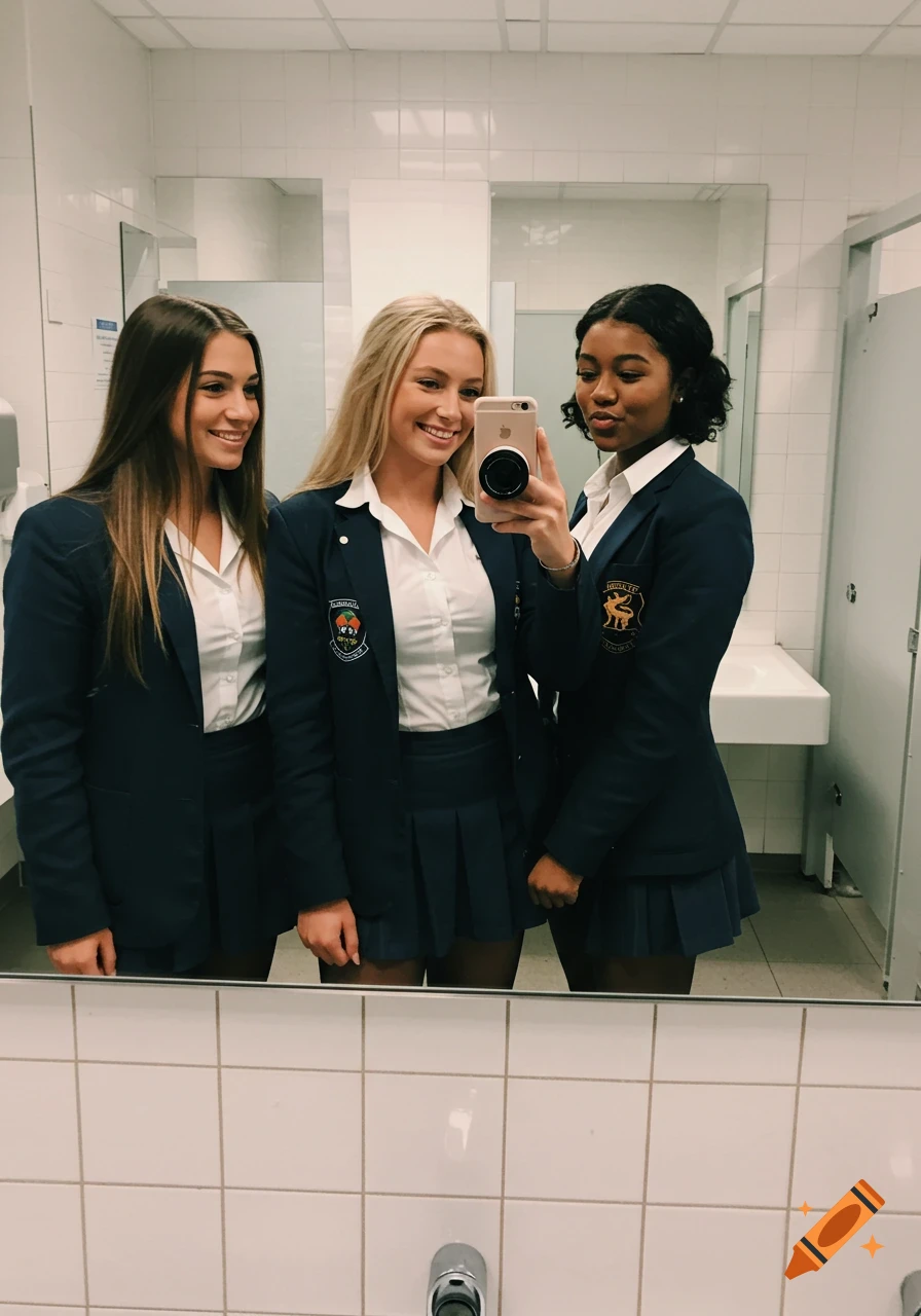 Three young women in school uniforms take a mirror selfie in a bathroom.
