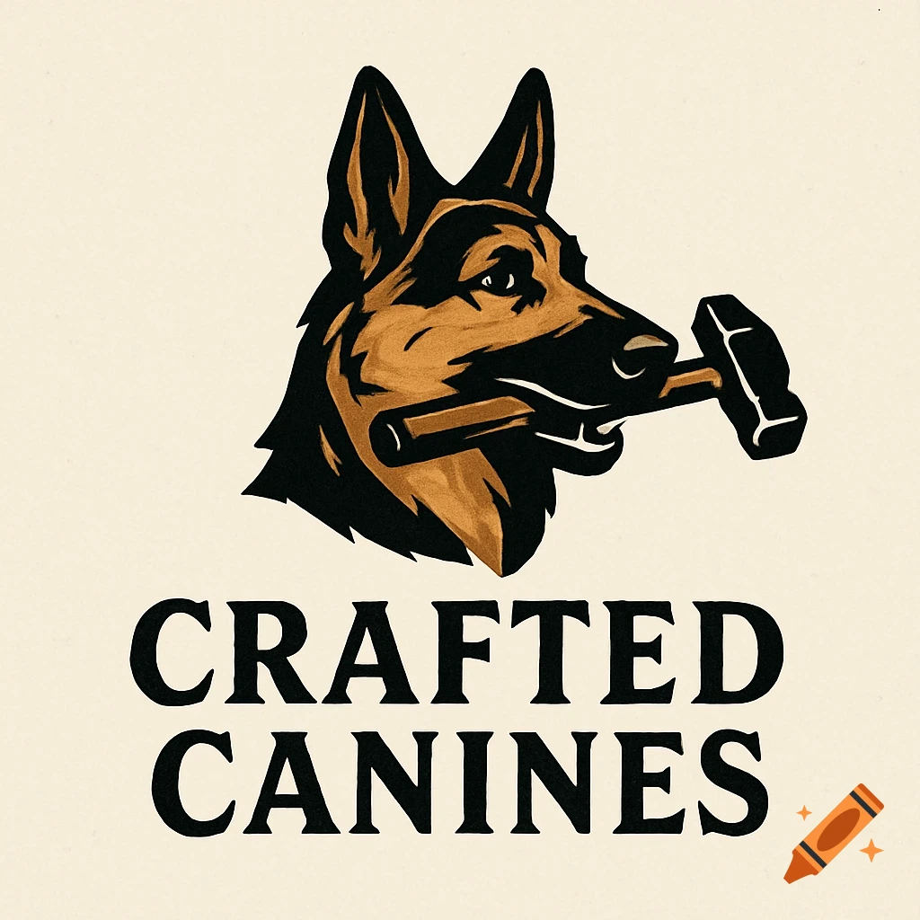 Logo of a German Shepherd holding a hammer above the text Crafted Canines