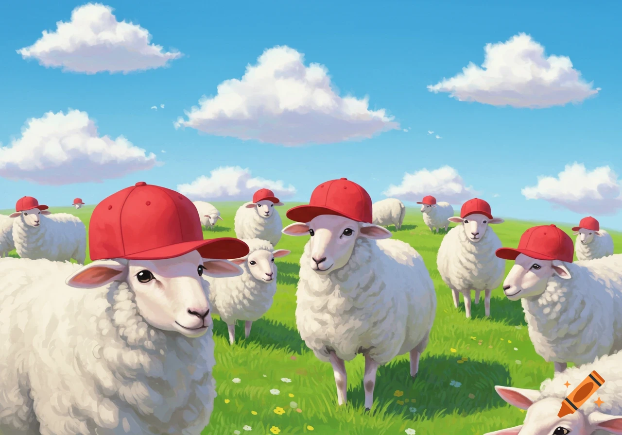 A herd of sheep wearing red baseball caps are in a sunny field under a blue sky with clouds.