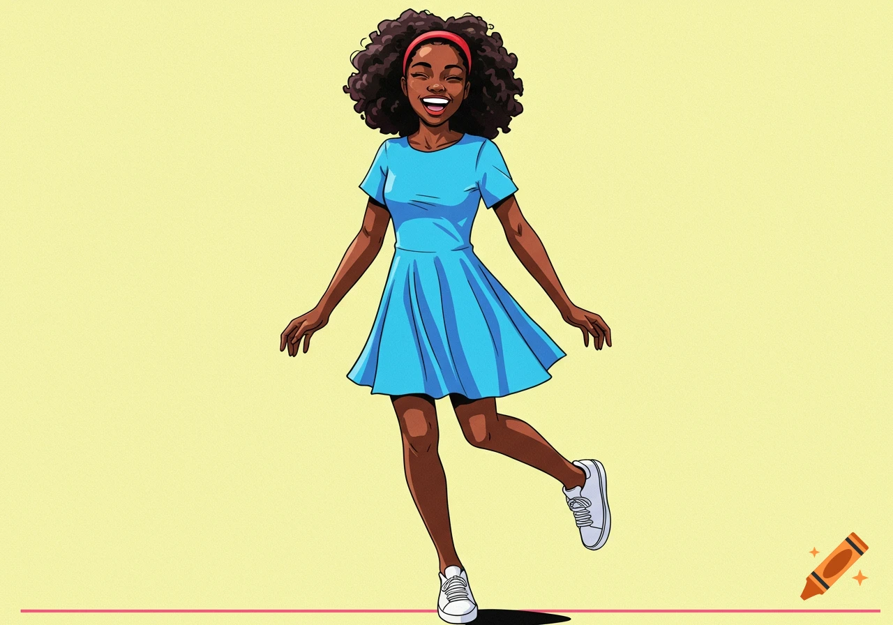 Illustration of a smiling woman with curly hair wearing a blue dress.