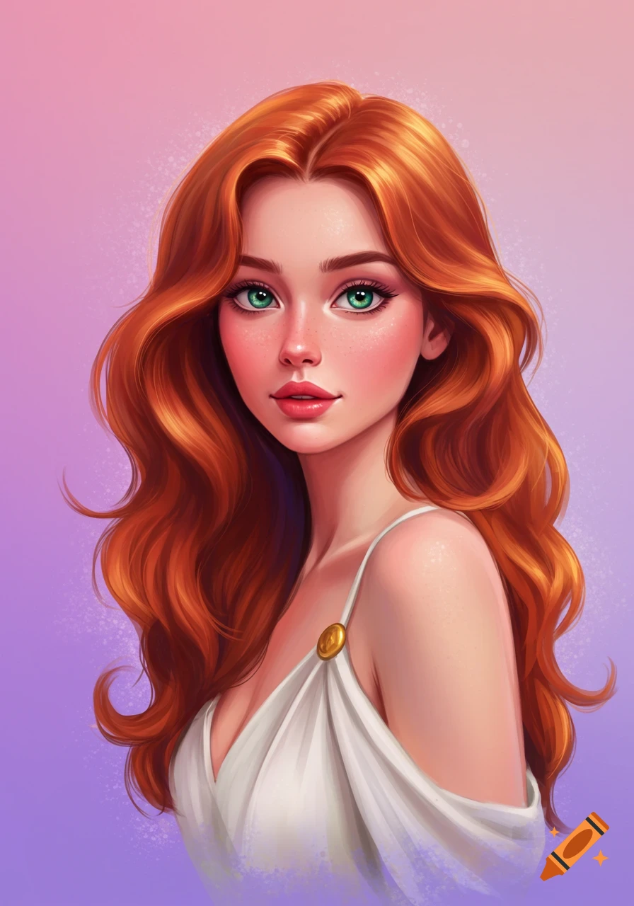 A woman with long red hair and green eyes