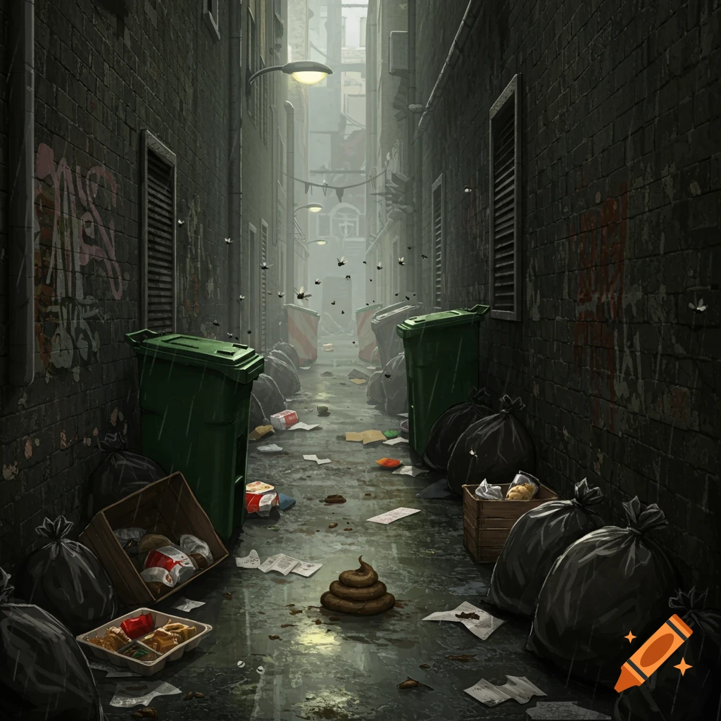 A dark, rainy alley is filled with trash bags, debris, flies, and a large pile of poop.