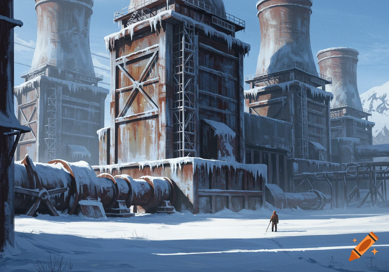An abandoned power plant covered in snow with a small figure walking in the foreground.
